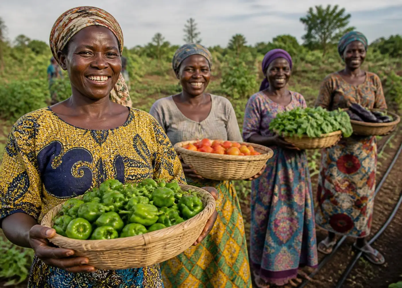 Women outgrower farmers standing in a field holding baskets of freshly harvested vegetables