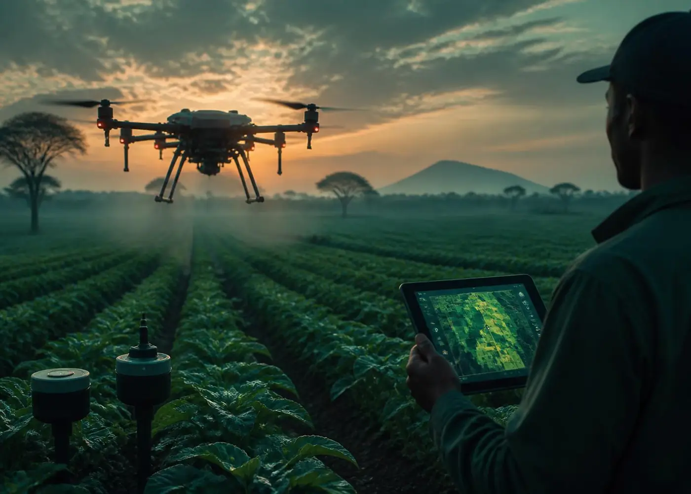 Agricultural drone flying out over crop rows at dawn while an agronomist reviews satellite field mapping on a tablet